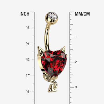 Detail View 1 of Golden Devilish Sparkle Heart Belly Button Ring-Red